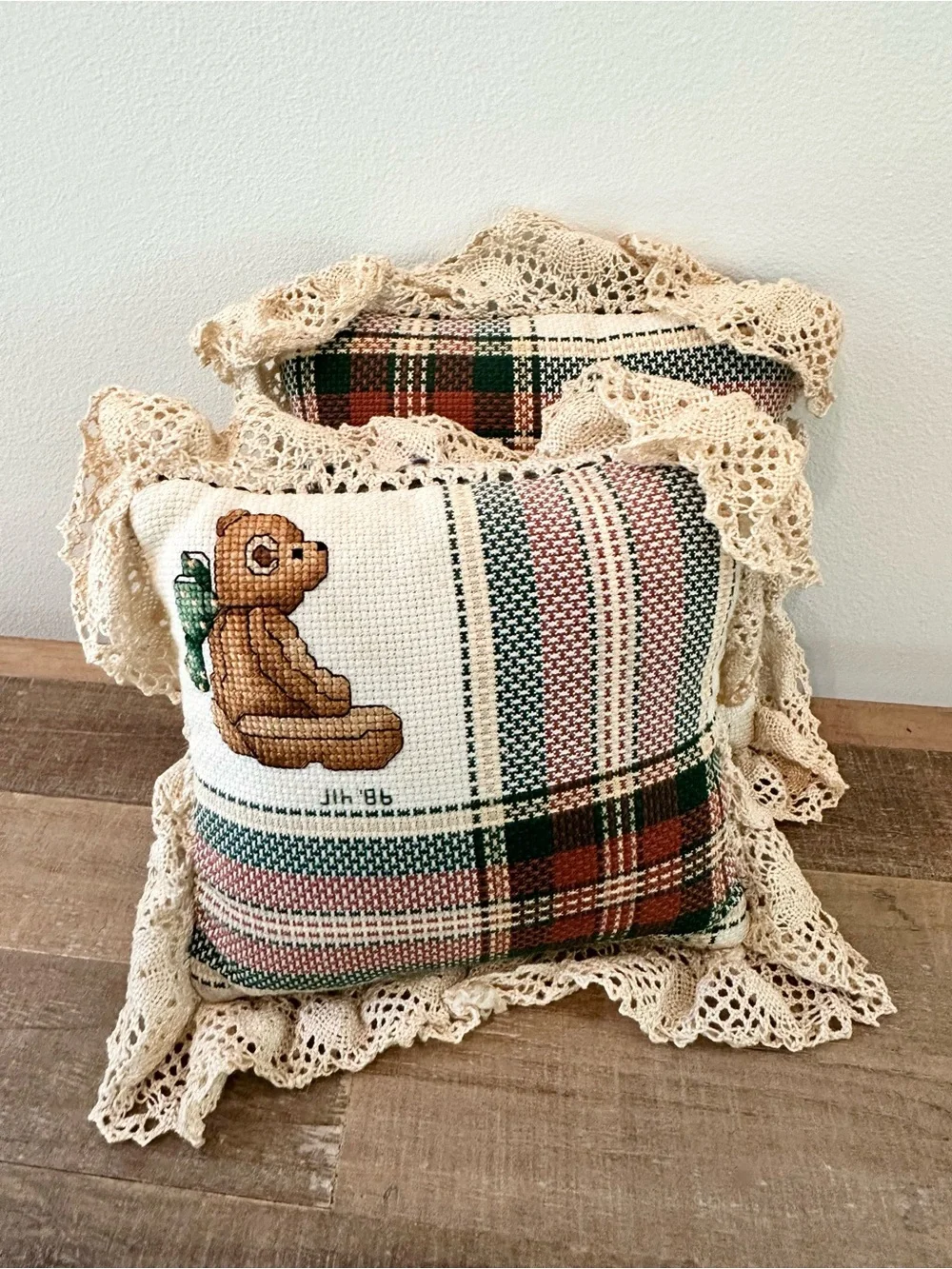 Vintage Handmade Plaid Decorative Cross Stitched Pillows Lace Trim Teddy Heart